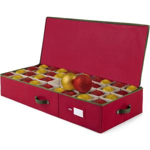 ZOBER Underbed Christmas Ornament Storage Box - Stores 72 Large 4" Ornaments, With Dividers - Tear Proof 600D Oxford Fabric, Ornament Organizer Storage Box, Durable Christmas Containers Holder - Red