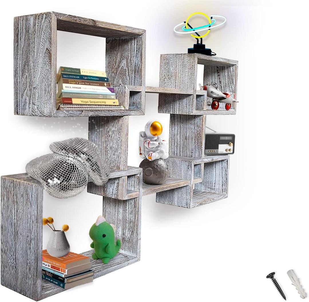 Comfify Rustic Wall Mounted Square Shaped Floating Shelves  Set of 5 Square Shelves for Bathroom, Bedroom, Living Room & More  Wall Decor Display for Home - Distressed White