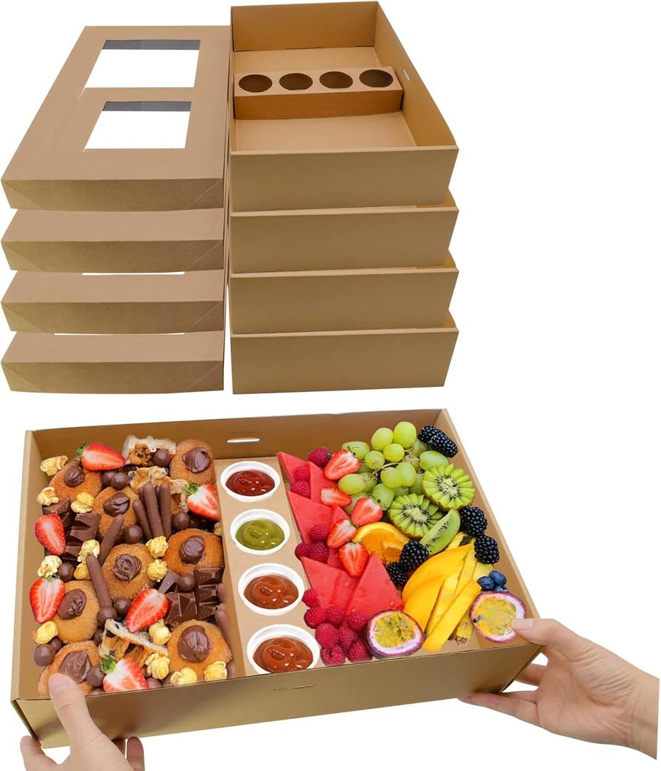 Heavy Duty Cardboard Pastry Boxes, Charcuterie Board Boxes with Lids 10PK, Disposable Catering Serving Platters for 5-8 People, Sturdy Takeout Containers for Picnic & Food To-Go 15"x10"x3.5"