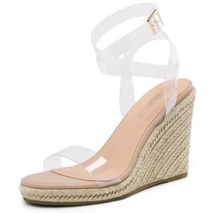 DREAM PAIRS Womens Open Toe Espadrilles Dressy Platform Sandals Buckle Ankle Strap Stylish Wedges Sandals (9, Clear/Nude/Pu)