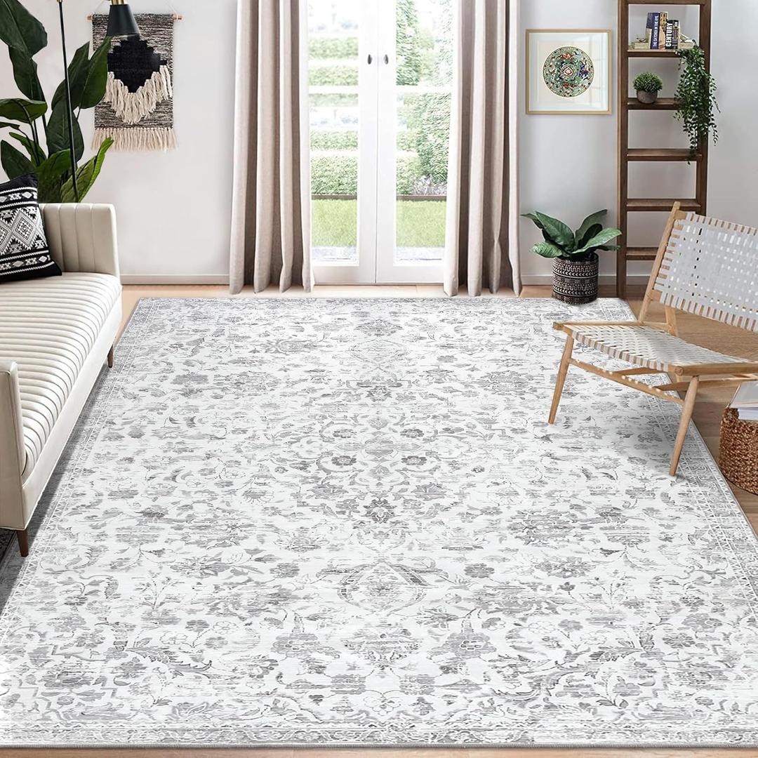 CAROMIO Vintage Oriental Distressed Area Rug - 8x10, Machine Washable, Stain Resistant, Non-Slip, Floral Medallion, Foldable Floor Cover, Grey (8 x 10 Feet)