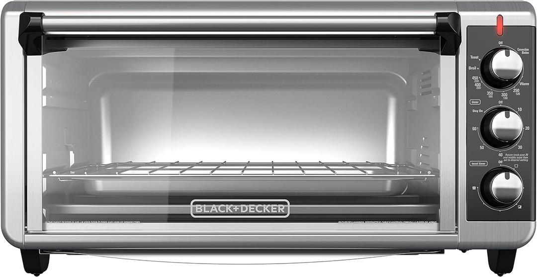 BLACK+DECKER TO3250XSBD 8-Slice Extra Wide Convection Countertop Toaster Oven, Includes Bake Pan, Broil Rack & Toasting Rack, Stainless Steel/Black, Large