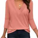 Bliwov Womens 3/4 Sleeve V Neck Tops Loose Fit T Shirts Casual Work Blouses 2026 Spring Soft Basic Tees Summer Outfits (Large, Coral)