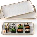 Ceramic Rectangle Serving Platter with Brown Rim: 15.6/14.1/12.6 Inch Large Serving Dishes for Entertaining Party, Turkey, Cheese, Sushi, Snack and Dessert, Microwave Dishwasher Safe