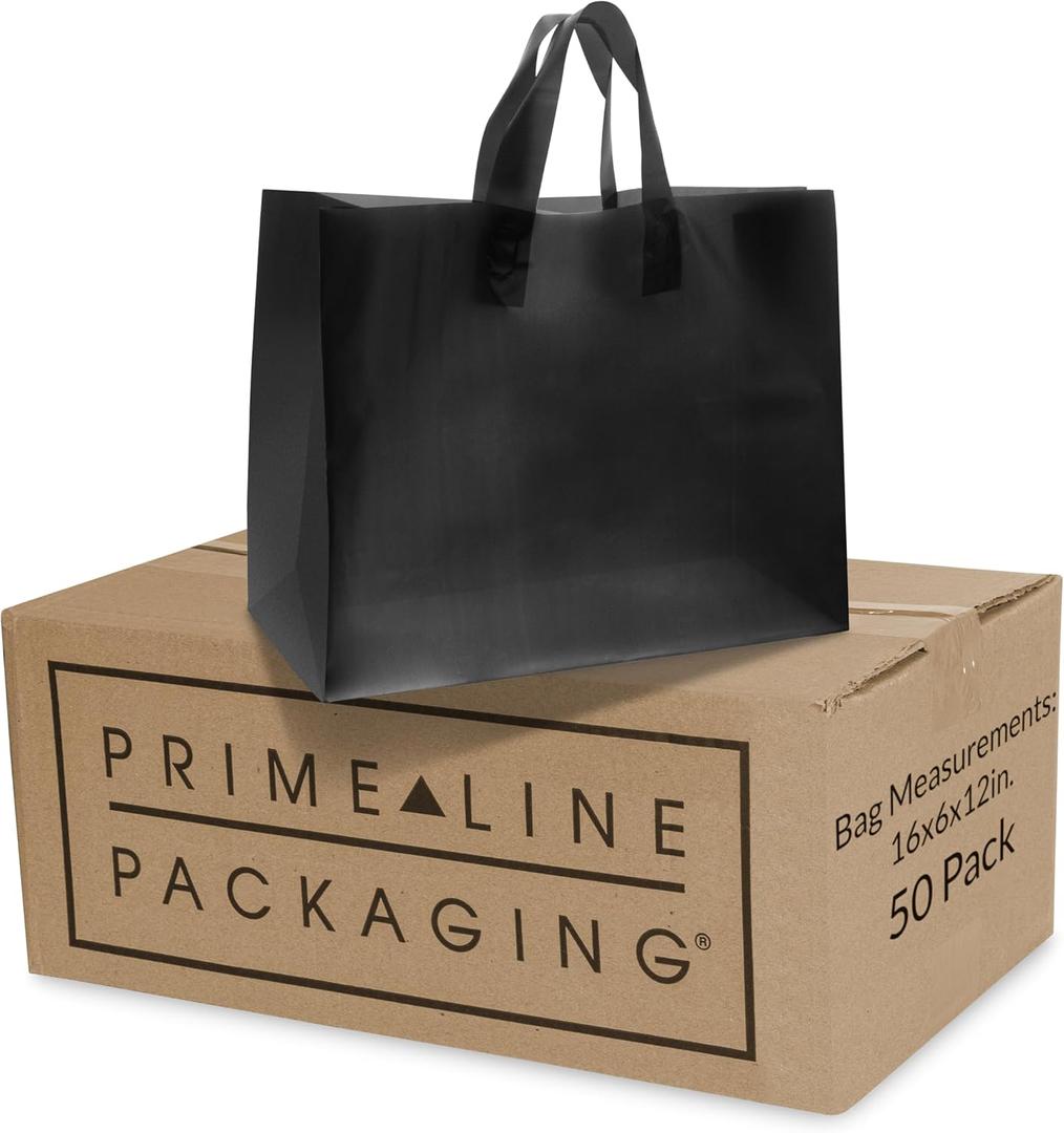 Prime Line Packaging Plastic Shopping Bags, Frosted Tote Bags with Handles for Small Business, Black Merchandise Bags, Retail, Boutiques, Bulk 16x6x12, 50 Pack