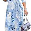 PinkPatty Summer Trendy Dress for Women Casual 3/4 Sleeve V Neck Printing Maxi Dress Elegant Wedding Guest Sundress with Belt, XL
