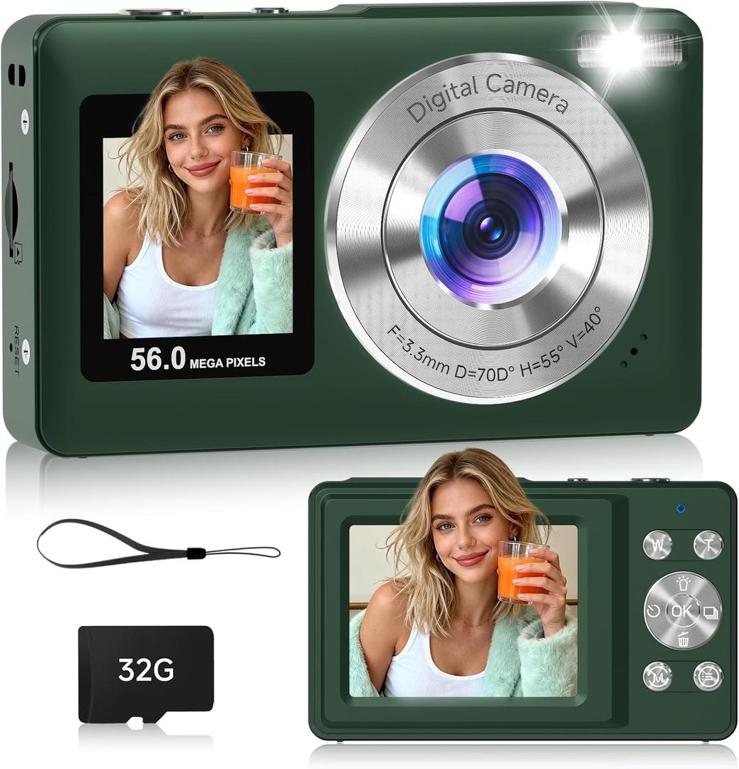 Digital Camera, 56MP Dual Screen Autofocus Vlogging Camera, 16X Zoom Point and Shoot Camera for Photography, Anti-Shake, 32GB Card, Compact Camera for Teens Adults,Green