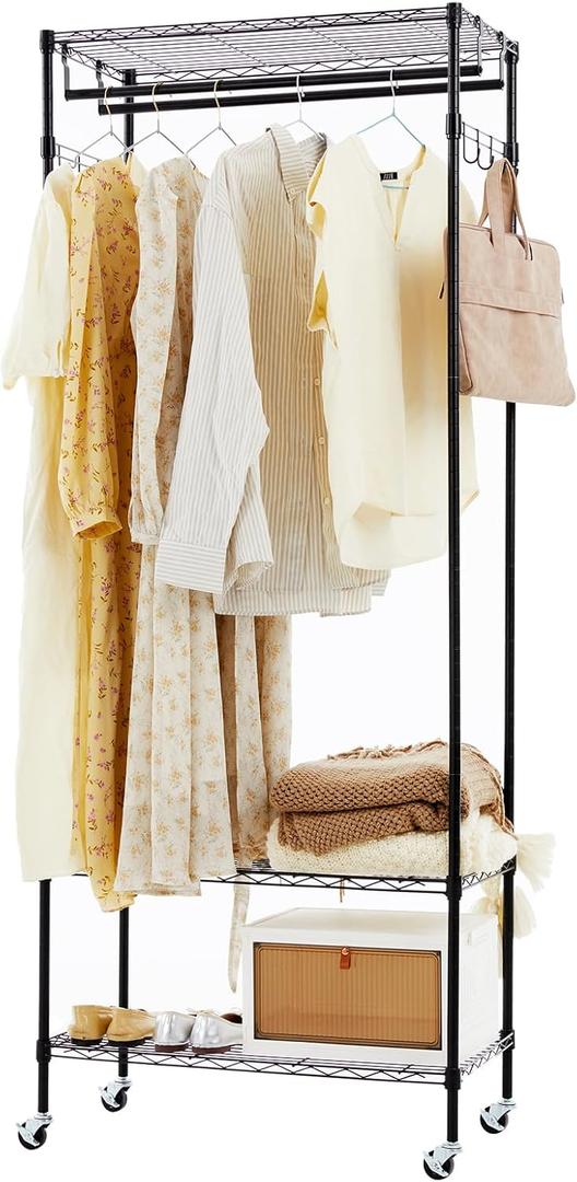 Heavy Duty Clothes Rack Rolling Garment Rack, Clothing Racks for Hanging Clothes with Adjustable Shelves and Side Hooks, Standing Metal Wardrobe, Black