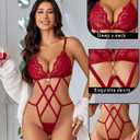 Avidlove Sexy Lingerie Deep V Teddy Strappy Lingerie Bodysuit One Piece Lace Babydoll Body Suit S-XXL (Red, S)