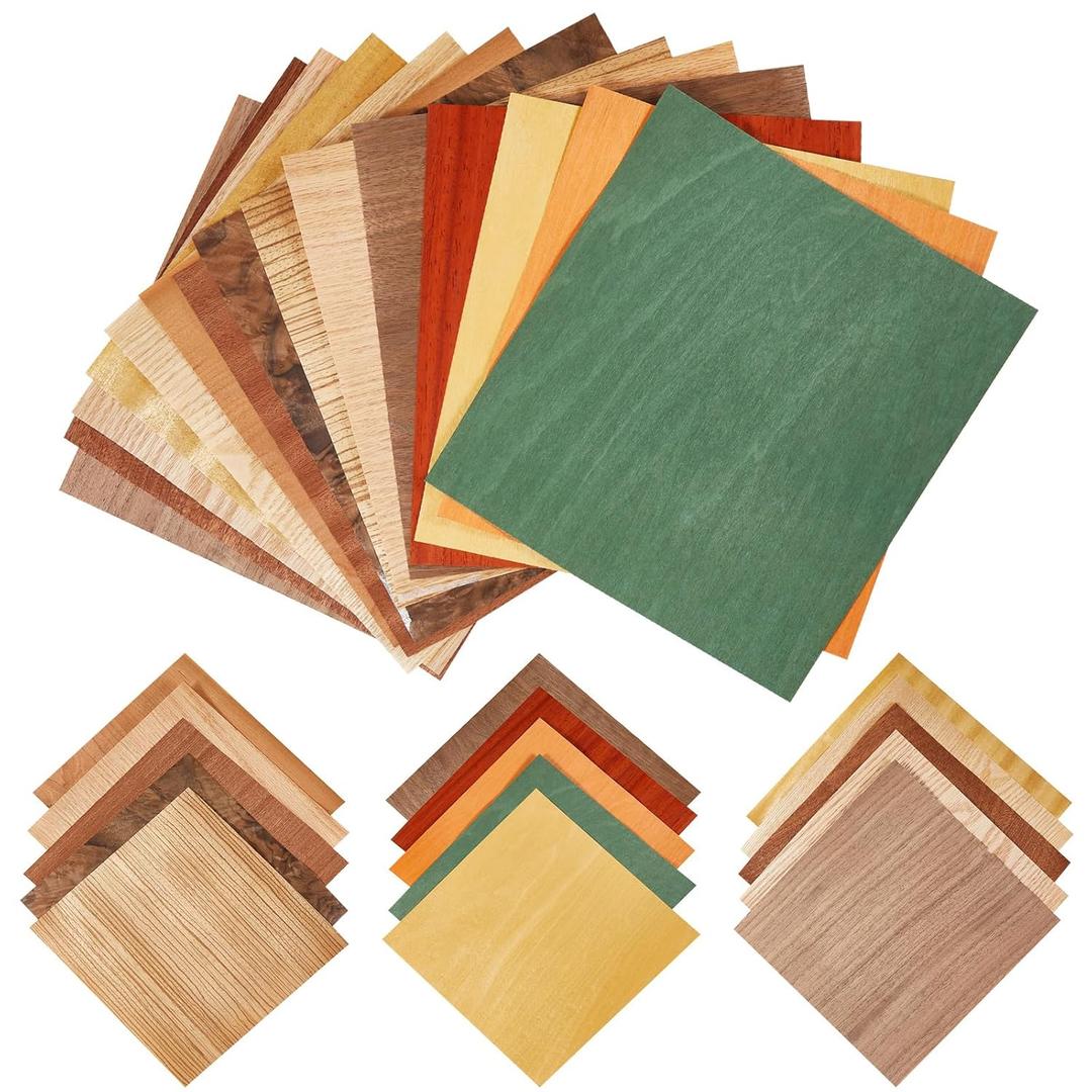 Juexica 30 Pcs 30 Pcs 7.9" x 7.9" Wood Veneer Sheets Variety Pack Square Wood Veneers,Thickness Different, for Marquetry, Inlay, Woodworking Projects(Various Color)