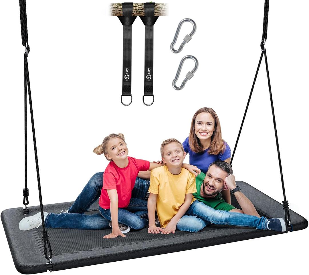 Trekassy 60" Large Rectangle Platform Tree Swing for Kids Adults, 700lb Capacity Outdoor Flying Swing, 900D Oxford Waterproof Giant Swings with 2 Hanging Straps for Backyard- Black