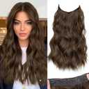 KooKaStyle Invisible Wire Hair Extensions with Transparent Wire Headband Adjustable Size 4 Secure Clips Long Wavy Hairpiece 16 Inch Medium Brown/4# for Women