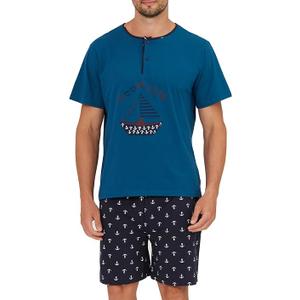 Keyocean Mens Henley Pajama Set, Soft Cotton Short-Sleeve Shirt and Shorts Summer PJ Set for Sleeping, Tahitian Tide, Medium
