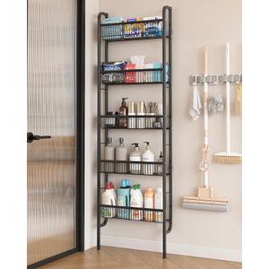 UMDONX Behind The Door Bathroom Shelf Narrow 5Tier, Slim SpaceSaving Storage Shelf, Freestanding Narrow Shelving Unit for Bathroom, Kitchen, Closet and Laundry Room Black