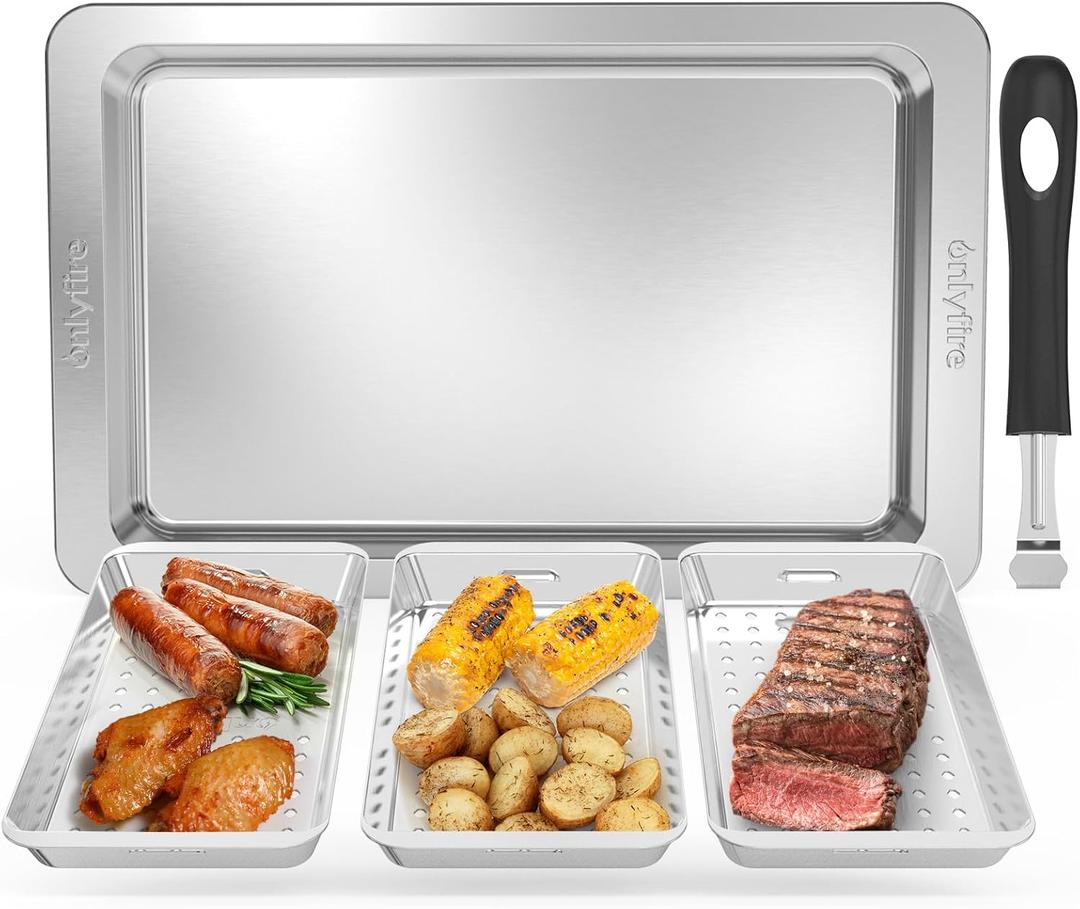 Onlyfire Grill Basket Set, 5PCS Stainless Steel Grill Pan - Include 3 Grilling Baskets, a Serving Tray and Removable Handle, Great for Grilling Fish, Meat, Veggies