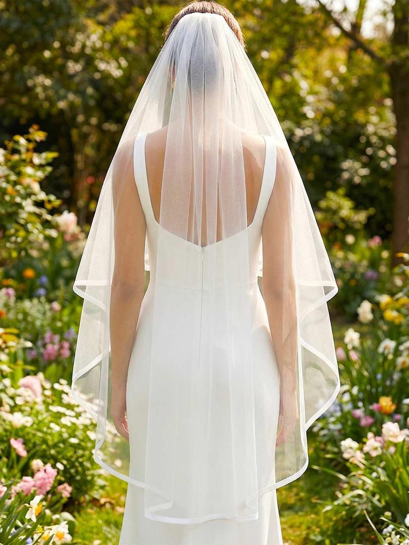 HEREAD Bride Wedding Veil Short Fingertip Length White 1 Tier Bridal Tulle Veils with Comb for Women
