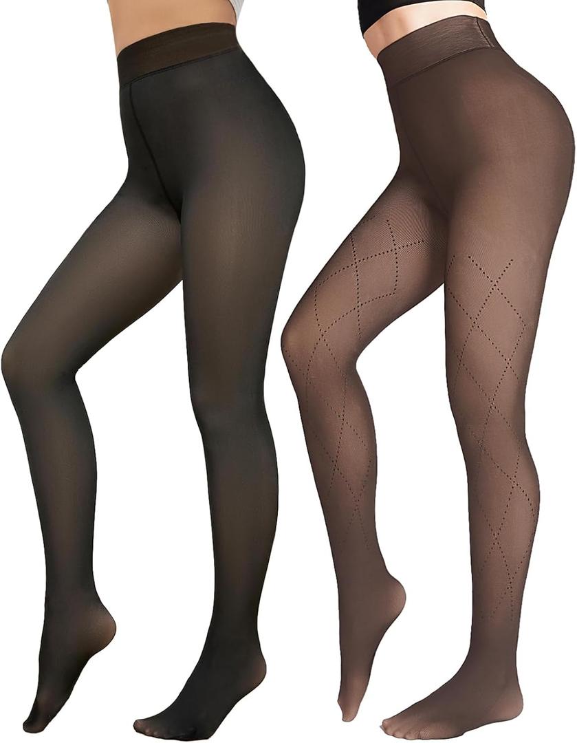 Fleece Lined Tights Sheer Women - Fake Translucent Warm Pantyhose Leggings Sheer Thick Tights for Winter (Large, Black+brown Stripe)