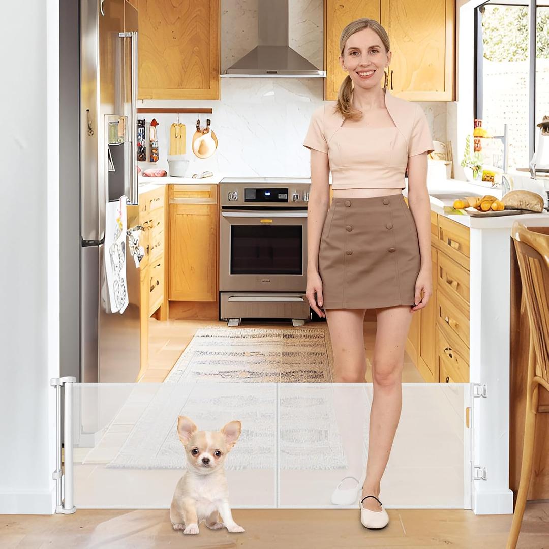20 Inches Tall Retractable Dog Gate to Step Over, Short Pet Gate for Doorways, Extends up to 55" Wide, Step Over Puppy Gates for The House Mesh Doggie Gates Small Dog Gate Indoor Outdoor (White)
