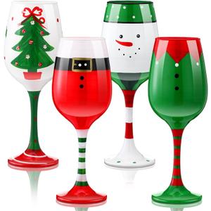 4 Pcs Christmas Wine Glasses 16.8 Oz Set Santa Belt Snowman Drinking Goblets Cups Xmas Hand Painted Wine Cup for Home Bar Diner Birthday Wedding Christmas Party Favors
