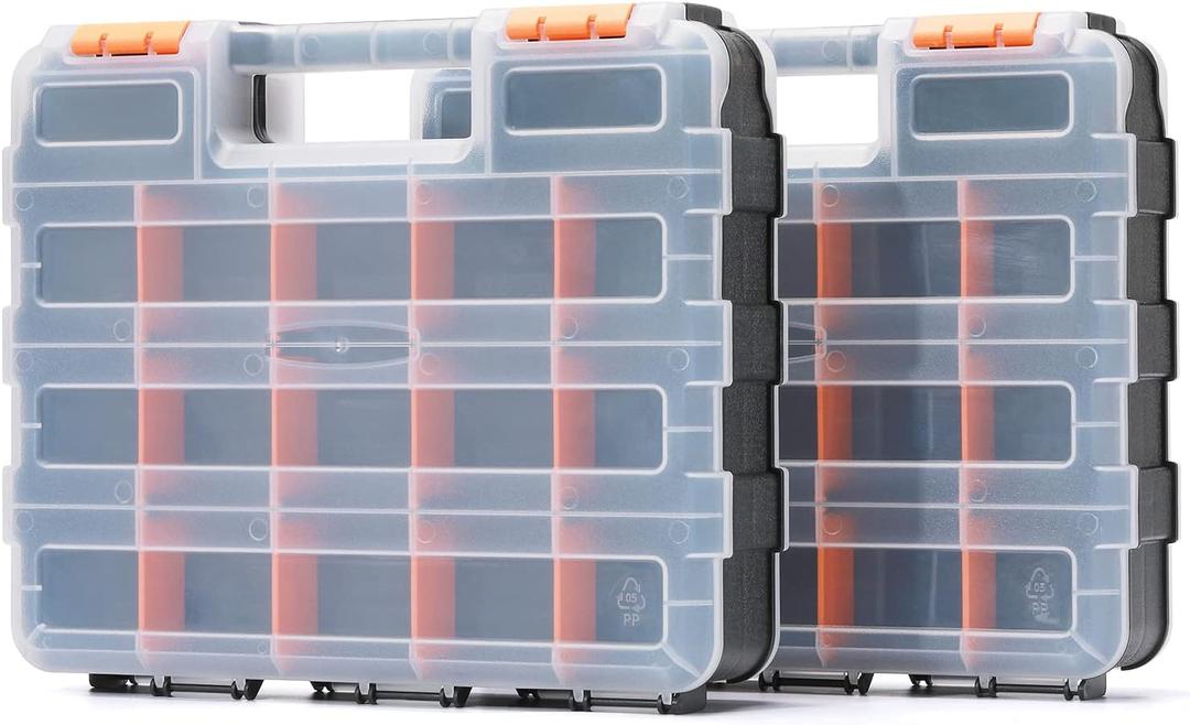 Mayouko Double Side Tools Organizer, Customizable Removable Plastic Dividers, Hardware Box Storage, Excellent for Screws, Nuts, Small Parts, 34-Compartment,2 PCS Set,12.6"L x 10.6"W x 3.2"H (Orange)
