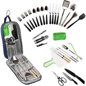 30 Pcs Camp Cooking Utensil Set & Outdoor Kitchen Gear Cookware Kit, Portable Compact Carry Case for Camping, Hiking, Travel, BBQ Grilling Stainless Steel Accessories Spoon & Fork, Navy