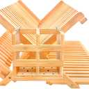 Bamboo Dish Drying Rack with Utensil Holder Set,3-Tier Collapsible Wood Dish Drying Rack for Kitchen,Folding Bamboo Drying Rack with Utensils Flatware Holder,Space-Saving Storage