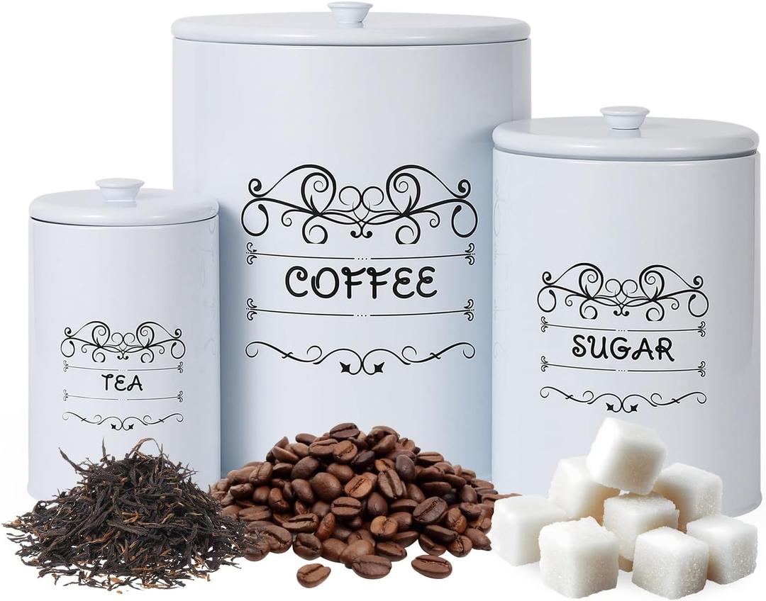 Kitchen Canisters Set of 3, Airtight Vintage Food Storage Jars with Lids for Farmhouse Kitchen Decor, Rustic White Canisters for Coffee, Sugar, Tea Storage