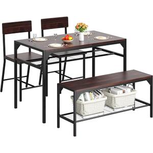 Shintenchi Kitchen Table Chairs Set of 3, Dining Table Set for 3 with Bench and Chairs, 3 Pieces Kitchen Table Set with Storage Rack & Metal Frame for Small Space, Dark Walnut