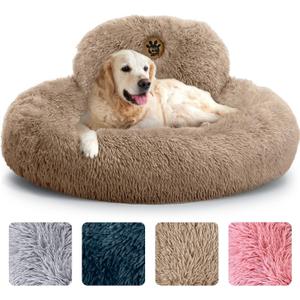 PetJett Calming Large Dog Bed - 36'' Donut Dog Beds, Anti-Slip & Washable Large Round Bed, Fluffy Faux Fur Pet Bed, Super Soft Anti-Anxiety Premium Comfort Bed, Fits Dogs up to 100 lbs - Beige