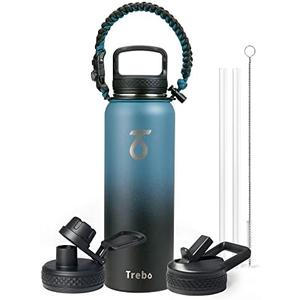 Trebo Water Bottle Insulated 40oz with Paracord Handle, Vacuum Double Wall Stainless Steel Water Jug, 48hr Cold Retention, Leakproof BPA-Free Flask With 1 Lid Fits in Car Cup Holder, Indigo/Black