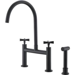 Kitchen Bridge Faucet with Side Sprayer, 8 inch Brass Kitchen Faucet 2 Handles 3 Holes Deck Mount Kitchen Sink Faucet, Matte Black(CP025B)
