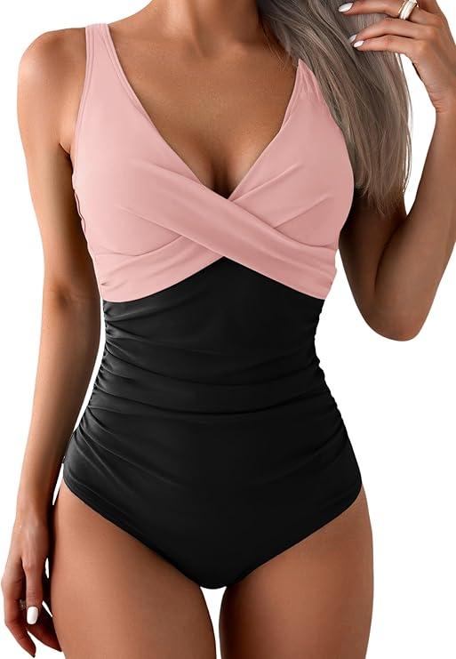 Eomenie Women's One Piece Swimsuits Tummy Control Ruched Push Up Bathing Suit Tie Back Slimming Swimwear,  X- Large