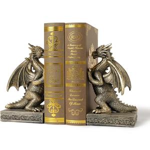 BOIHEGU Dragon Statue Decorative Bookends for Shelves, Antique Gold Dragon Statue Home Office Decoration, Fantasy Dragon Figurine Enthusiasts Gifts, Broken