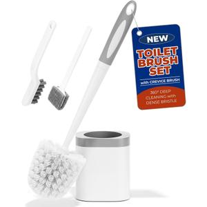 Holaloha Toilet Brush and Holder Set with Crevice Brush for Toilet Bowl and Bathroom Cleaning, White