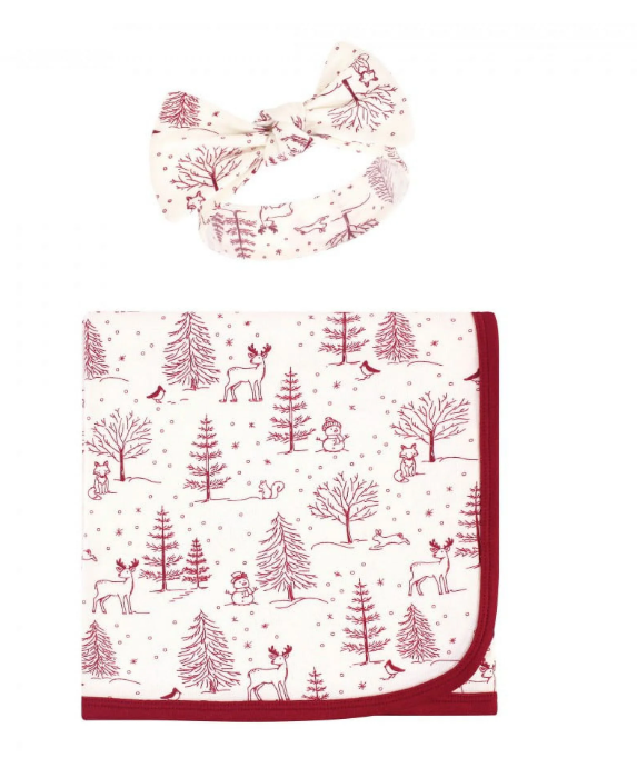 Touched by Nature Baby Girl Organic Cotton Swaddle Blanket and Headband or Cap, Winter Woodland, One Size