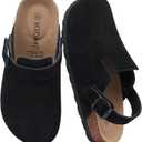 KIDMI Women's Suede Clogs with Back Strap Men's Leather Mules Cork Footbed Slip on Potato Shoes (14 Women/12.5 Men, Black)