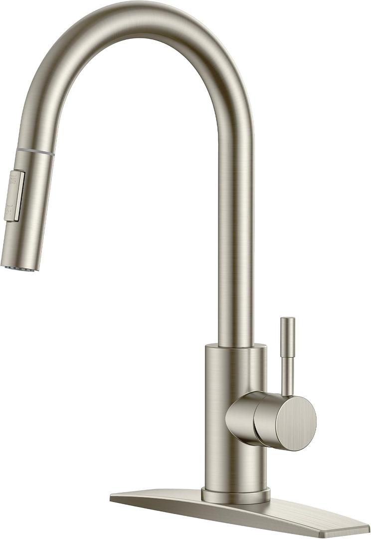 FORIOUS Kitchen Faucet, 2-Mode Pull Down Sprayer, Classic Stainless Steel
Lead-Free, Brushed Nickel, Single Handle, 1 Hole Sink Faucet with Deck Plate, Fit for RV Bar Farmhouse Laundry Outdoor
