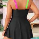 Plus Size Tummy Control Swimdress, Two piece Tankini with Shorts | V Neck, Twist Front, Removable Cups, High Waist Bottom, Adjustable Straps, Flowy Dress Top (Black, XL)