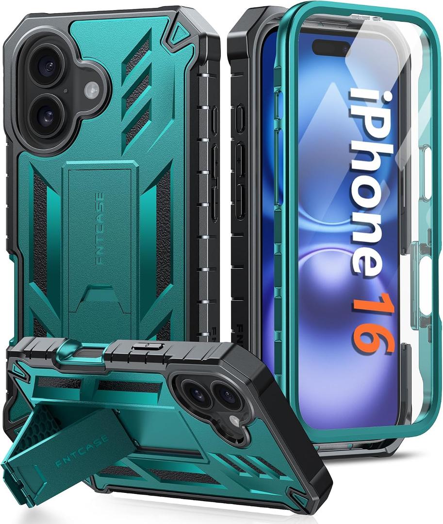 FNTCASE for iPhone 16 Phone Case: Military Grade [Built-in Screen Protector] [Kickstand] Matte Textured Drop Proof Protection Cover | Rugged Shockproof TPU Protective Sturdy Cases - Green