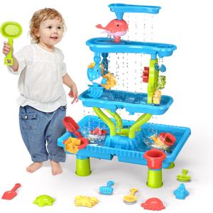 4-Tier Water Table for Toddler 3-5 4-8, Kids Summer Outdoor Beach Water Table Toys, Kids Water and Sand Activity Sensory Table, Rain Shower Splash Pond Toddler Water Play Table for Boys Girls
