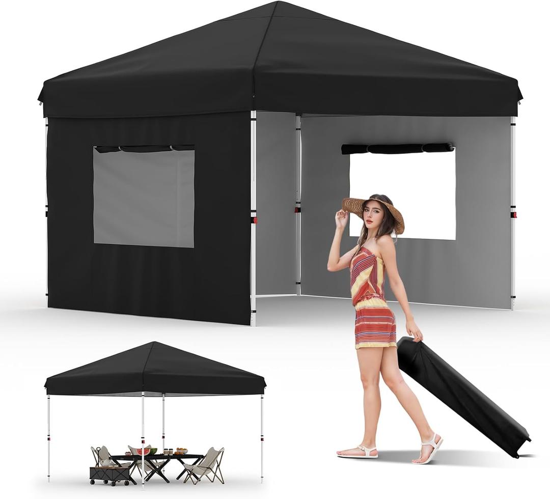 Garvee 10x10 Pop Up Canopy Tent with 3 Removable Sidewall, Heavy Duty Commercial Instant Shelter with One-Person Setup, UPF 50+ Waterproof, 100 Sq Ft Shade for Outdoor Events, Camping, Farmers Market (Black)