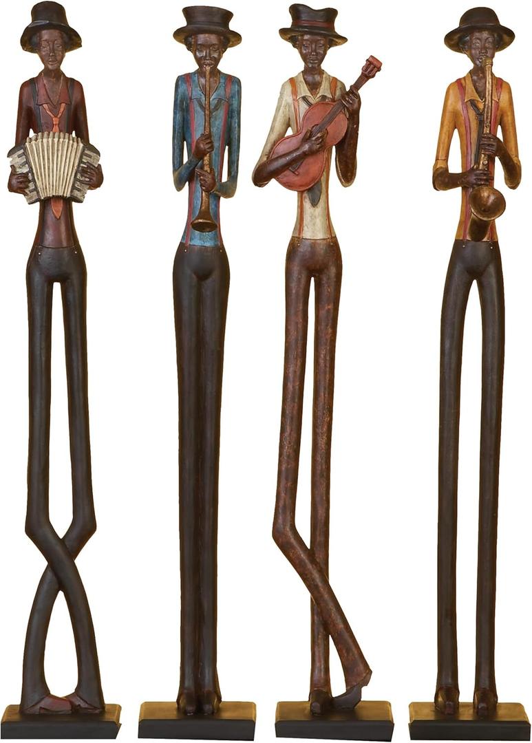 Deco 79 Polystone Musician Decorative Sculpture Tall Long Legged Jazz Band Home Decor Statues with Black Base Stand, Set of 4 Accent Figurines 4"W, 24"H, Brown