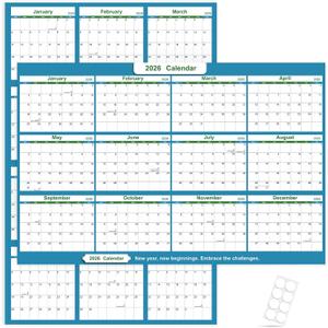 2026 Wall Planner 34.8"x22.8" Dual-Sided Dry Erase Calendar with 8 Adhesive Dot Stickers, Folded Packaging, Reversible Extra Large Monthly Yearly Planner For Office Home Students, Teal