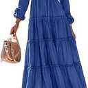 MASCOMODA Fall Long Sleeve Maxi Dresses for Women 2025 Casual Boho Button Ruffle Neck Tiered A Line Flowy Wedding Guest Dress, M