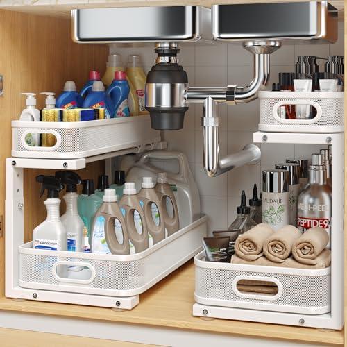 Biboraya 2 Pack 17.3IN-Depth Under Sink Organizer with Smooth Cylindrical Rail,2-Tier Pull Out Multi-Purpose Cabinet Storage for Bathroom&Kitchen,Height Adjustable,Rust-Resistant Coating-White