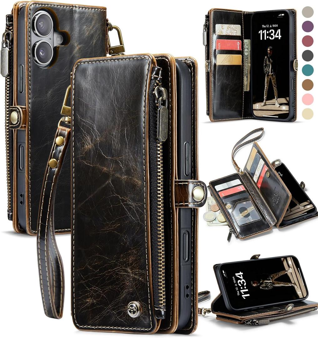 Defencase Compatible with iPhone 16 Plus Case Wallet with RFID Blocking Card Holder for Women Men, Soft PU Leather Magnetic Snap Flip Zipper Strap Wallet Phone Case Fit for iPhone 16 Plus 6.7", Coffee
