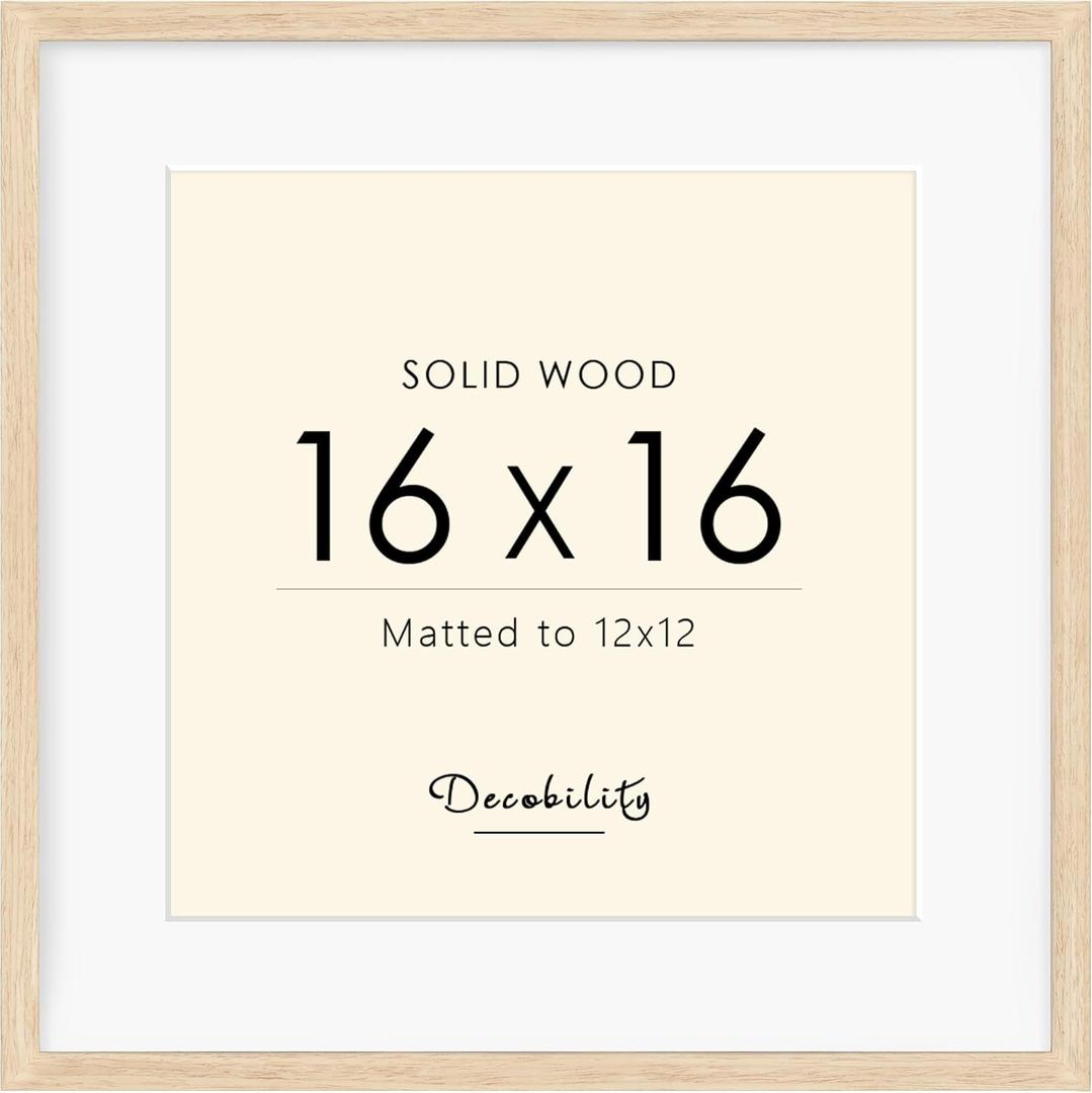 16x16 Picture Frame Made with Solid Wood, Display 12x12 with Mat or 16x16 Picture without Mat, Photo frame with Plexiglass, 12 by 12 Natural Wood Picture frame for Tabletop or Wall Mounting, Oak, 16x16" -1 pack