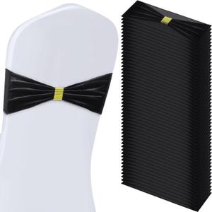 Moukeren Black 50 Pcs Velvet Chair Sashes Bows with Rhinestone Ring Buckle Slider Elastic Universal Bowknot Chair Cover Bands Ties for Wedding Banquet Ceremony Event Party Decoration