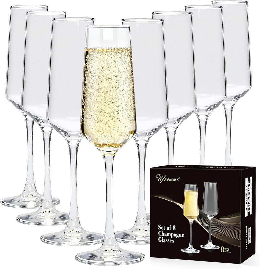 Champagne Glasses Set of 8,Elegant 8oz Champagne Flutes,Clear Sparkling Champagne Flutes Glass Mimosa Glass for Prosecco,Restaurant,Wedding,Party,Anniversary