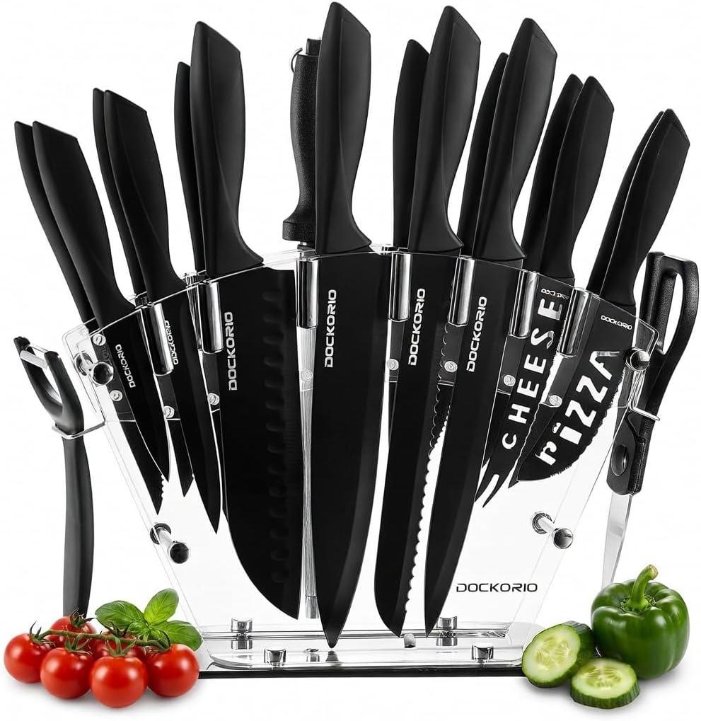 Kitchen Knife Set with Block, 19 PCS High Carbon Stainless Steel Sharp includes Serrated Steak Knives Set, Chef Knives, Bread Knife, Scissor, Sharpener, all in one (Black)
